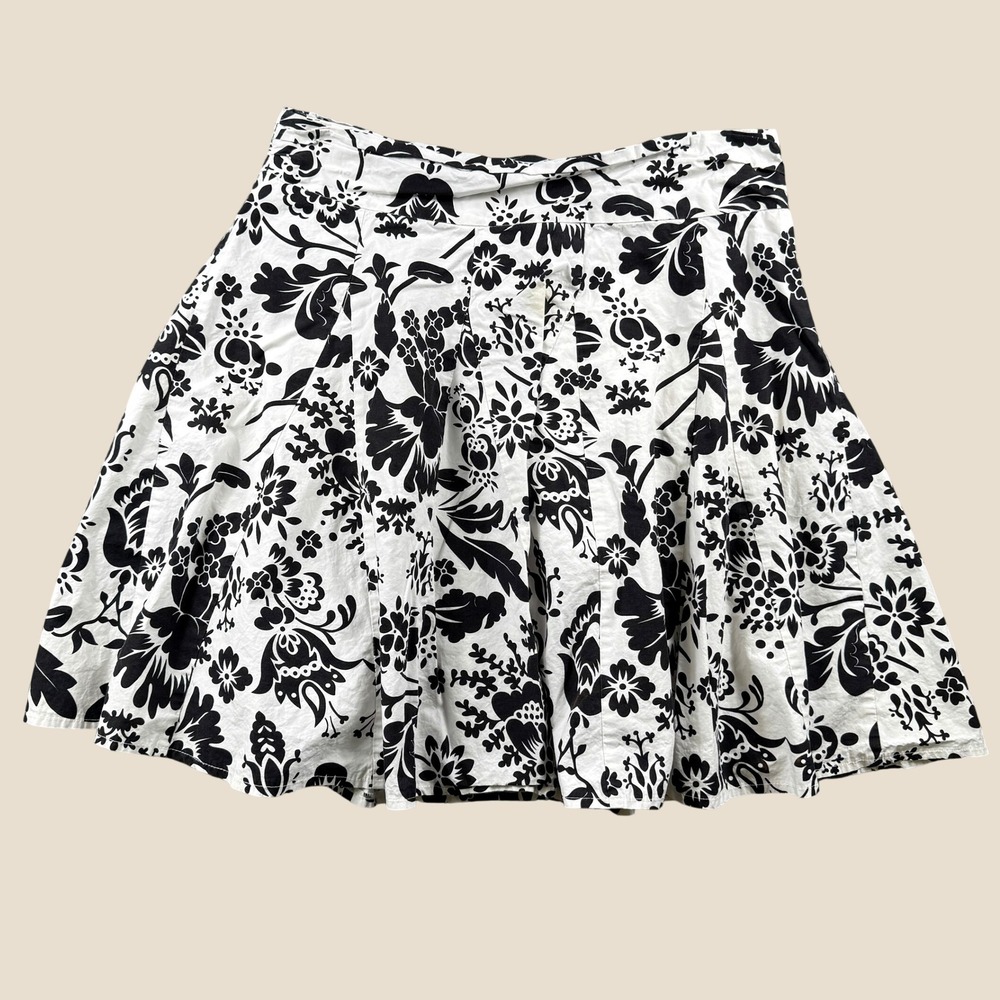 Romy A Line Skirt Womens XL White Black Floral Lined Cotton Boho Mod Vacation